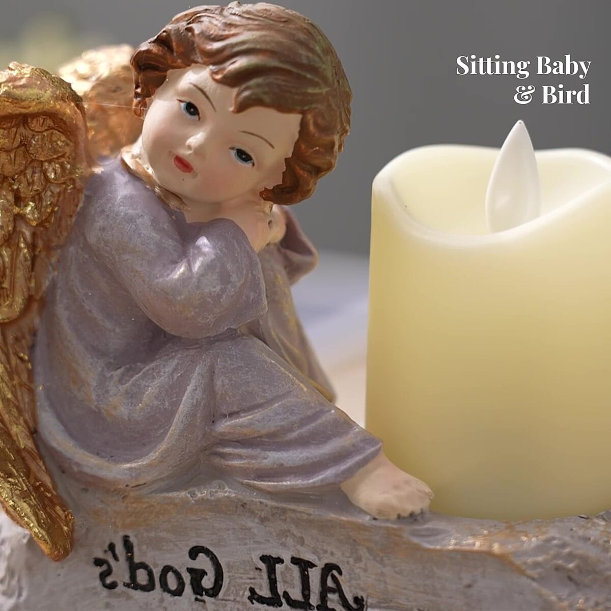 Resin Sitting Baby and Bird Figurine Decor and Flameless LED Candle (Powered by CR2032 Lithium Cell Battery) image number 3