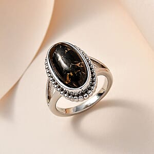 Matrix Silver Shungite Solitaire Ring in Platinum Over Copper with Magnet (Size 7.0) 4.25 ctw