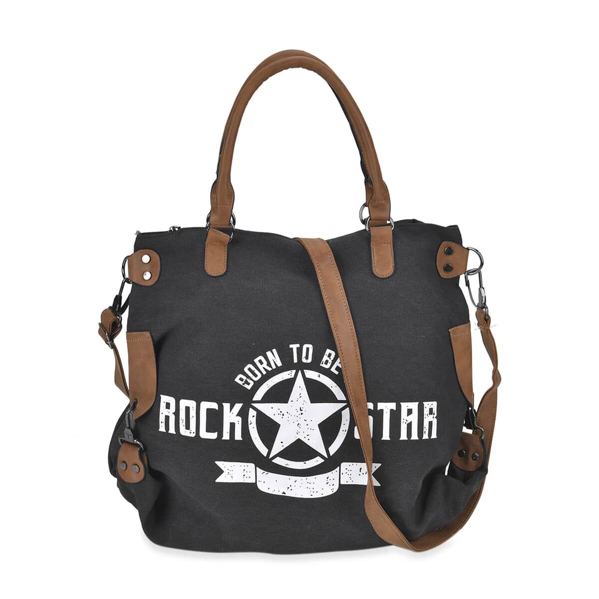 Navy Collection Black Color Printed Tote Bag with Faux Leather Handle Drop image number 0