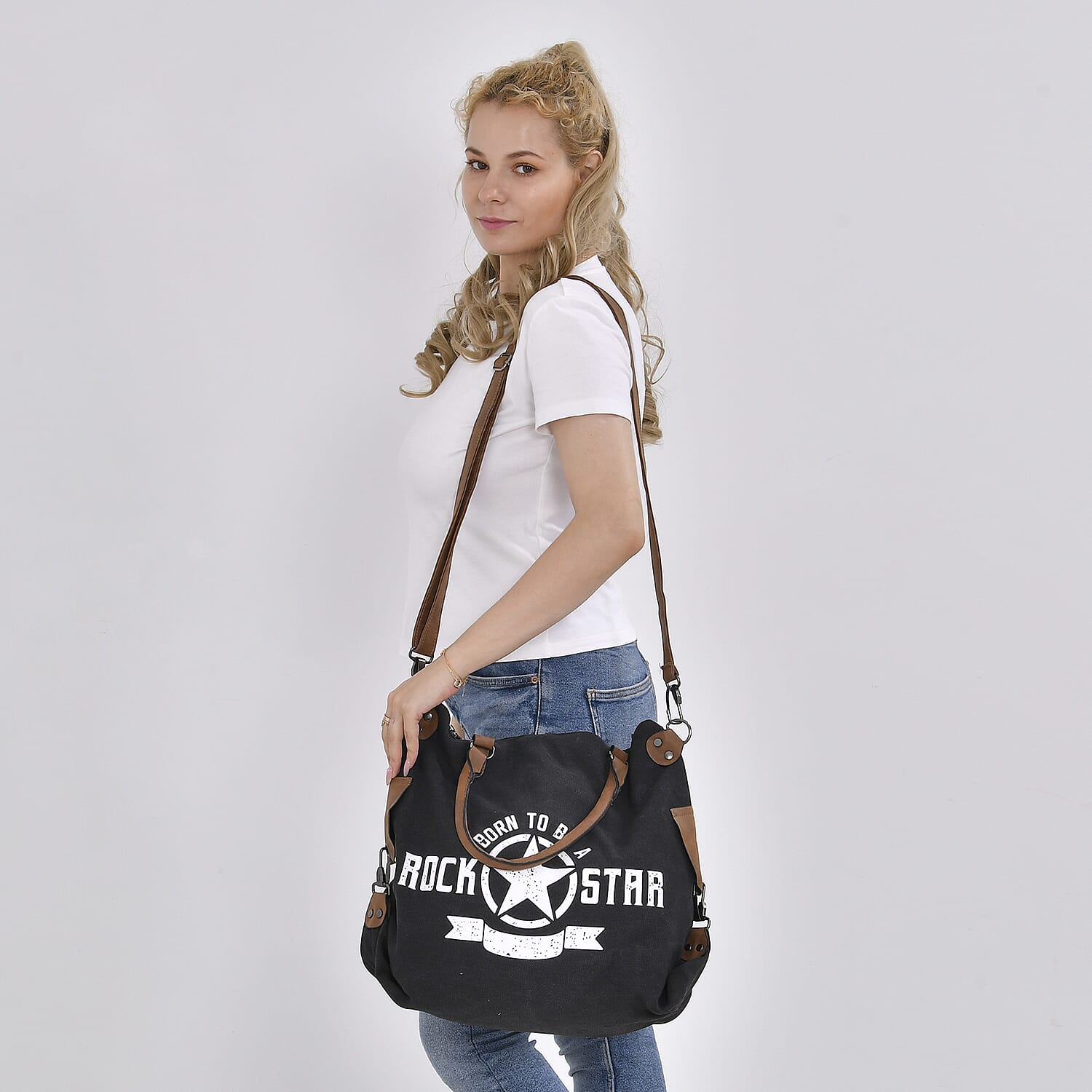 Navy Collection Black Color Printed Tote Bag with Faux Leather Handle Drop