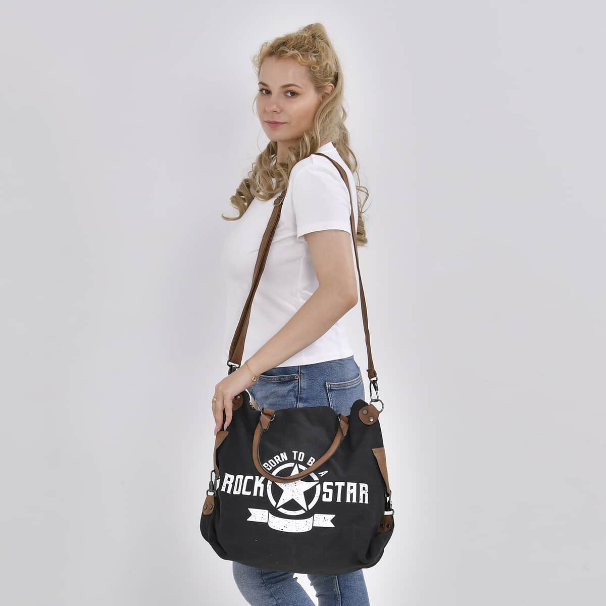 Navy Collection Black Color Printed Tote Bag with Faux Leather Handle Drop image number 1