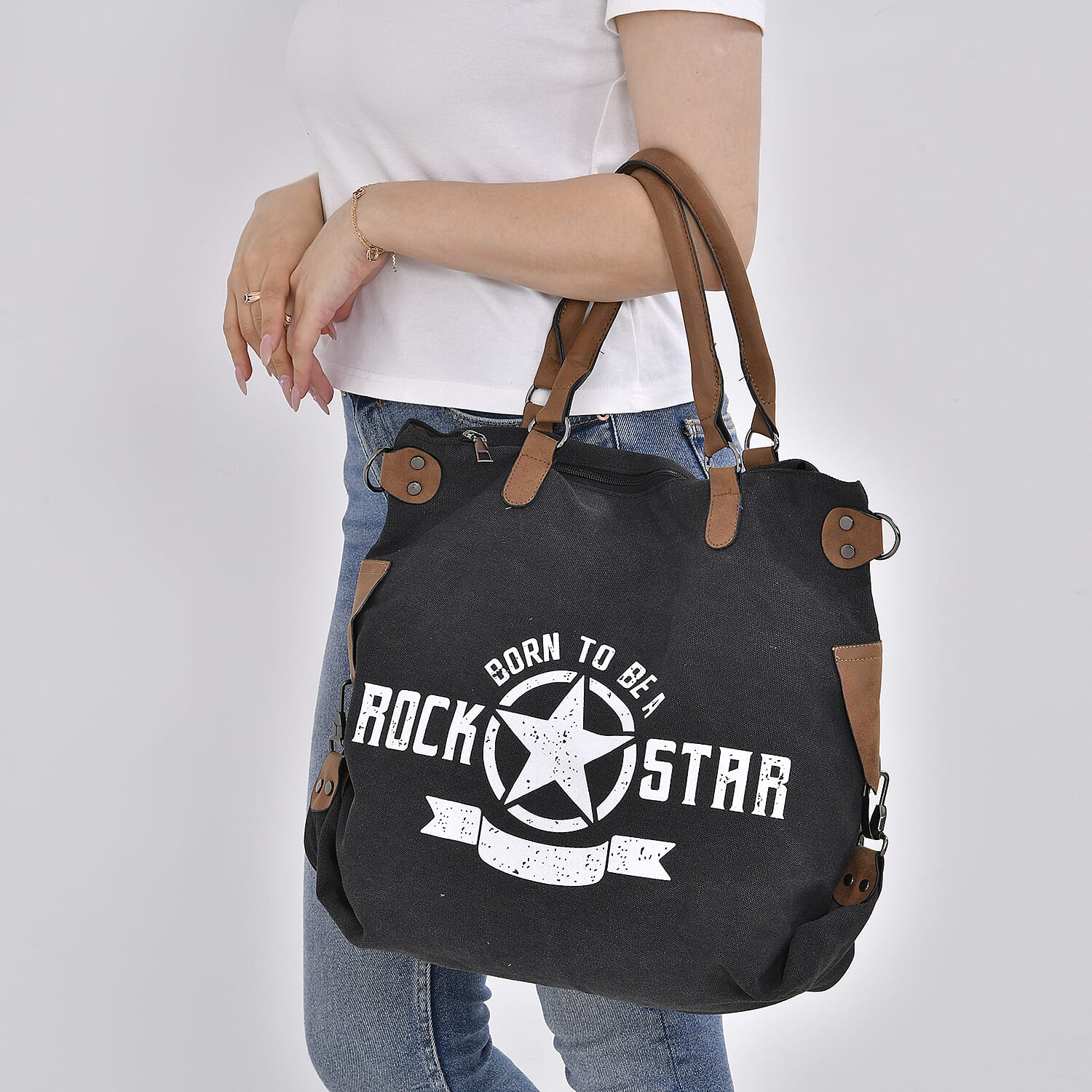 Navy Collection Black Color Printed Tote Bag with Faux Leather Handle Drop