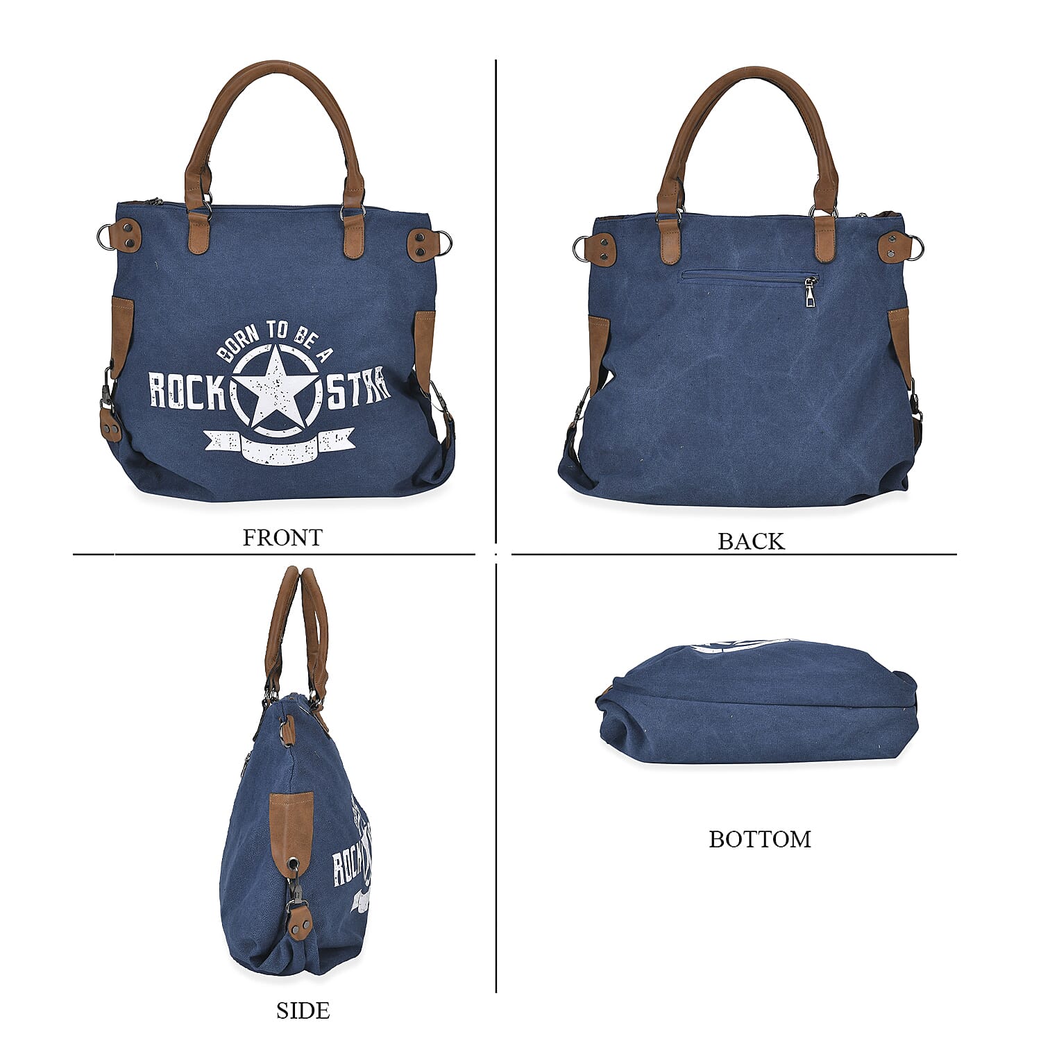 Navy Collection Black Color Printed Tote Bag with Faux Leather Handle Drop