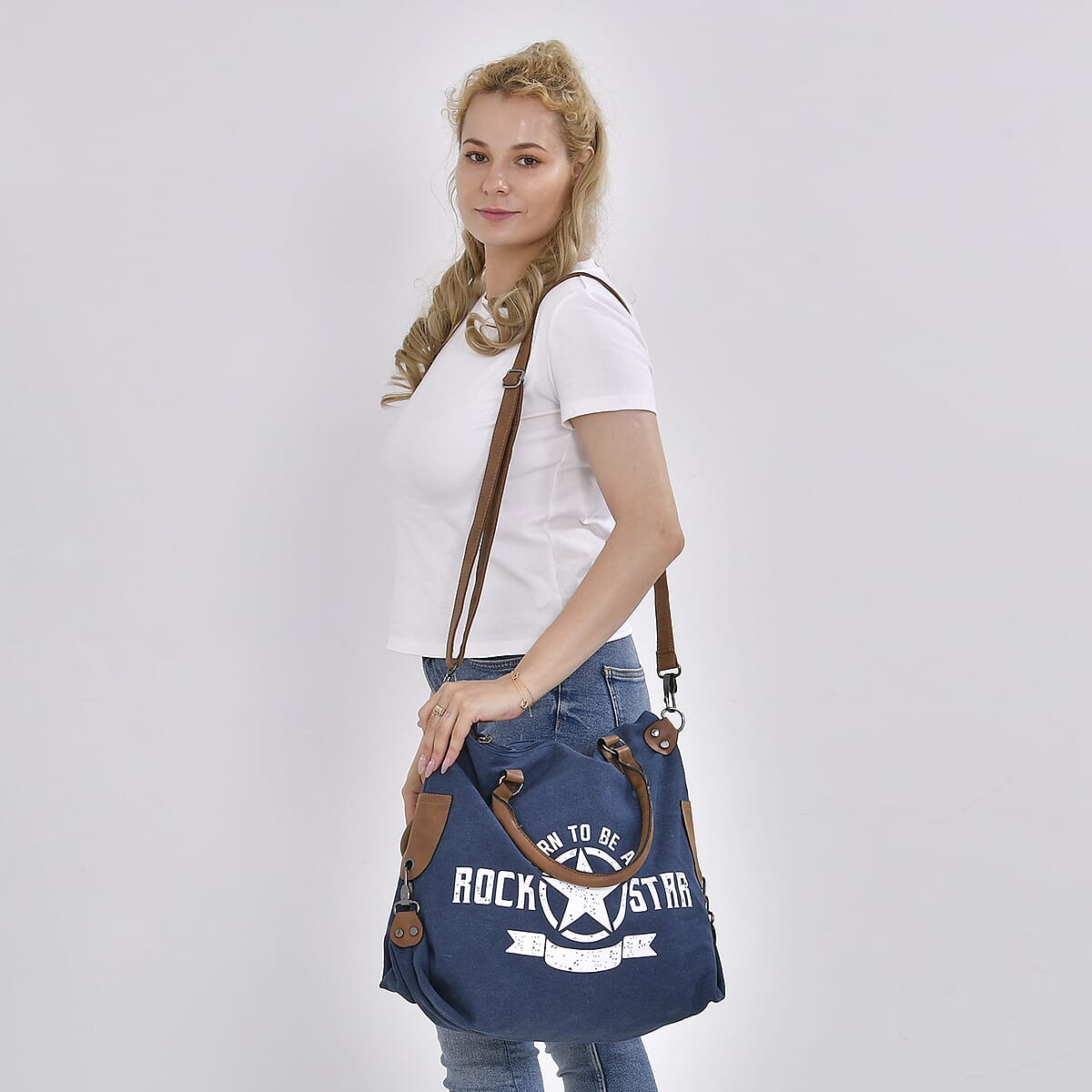Navy Collection Blue Color Printed Tote Bag with Faux Leather Handle Drop image number 1