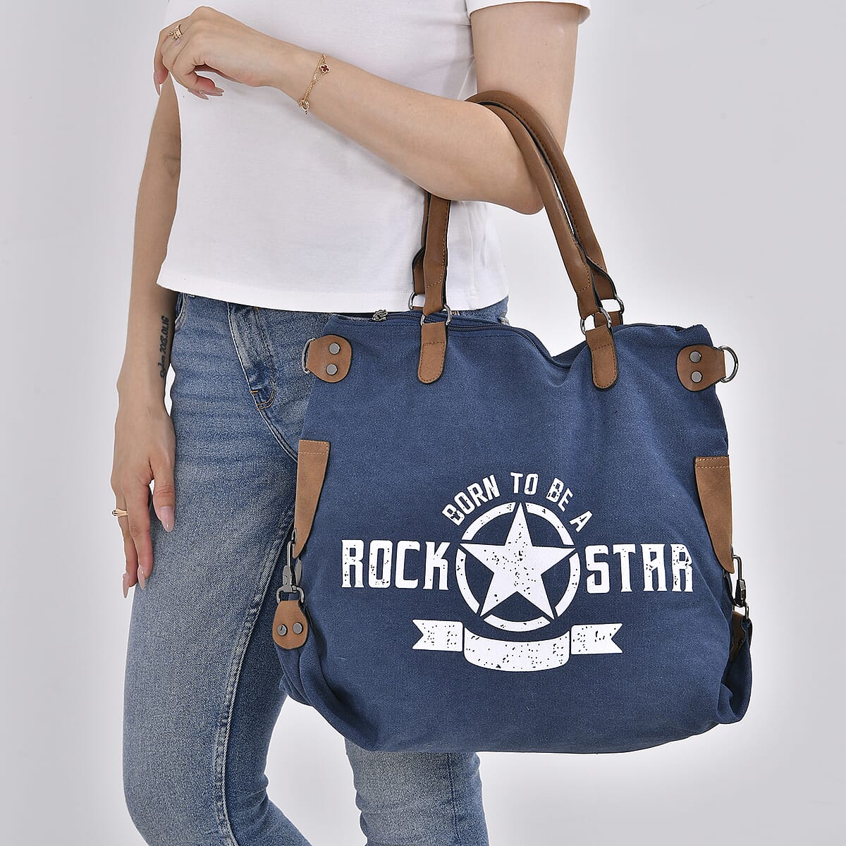 Navy Collection Blue Color Printed Tote Bag with Faux Leather Handle Drop image number 2