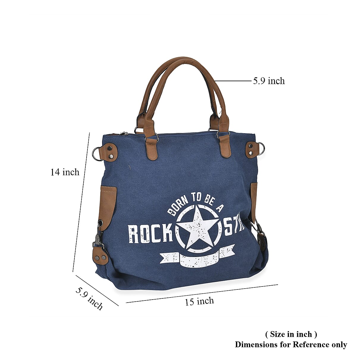 Navy Collection Blue Color Printed Tote Bag with Faux Leather Handle Drop image number 6