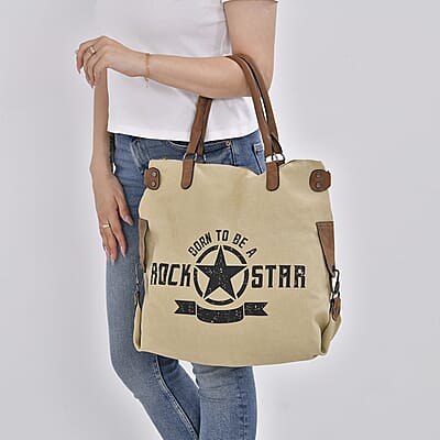 Navy Collection Khaki Color Printed Tote Bag with Faux Leather Handle Drop