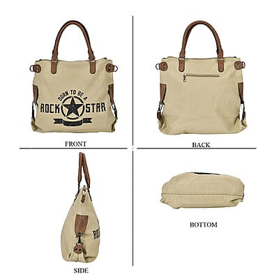 Navy Collection Khaki Color Printed Tote Bag with Faux Leather Handle Drop