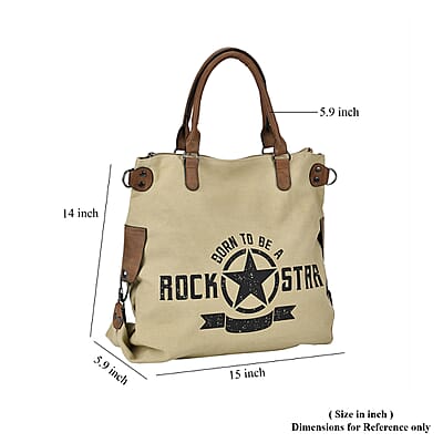 Navy Collection Khaki Color Printed Tote Bag with Faux Leather Handle Drop