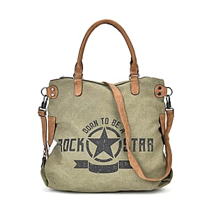 Navy Collection Army Green Color Printed Tote Bag with Faux Leather Handle Drop