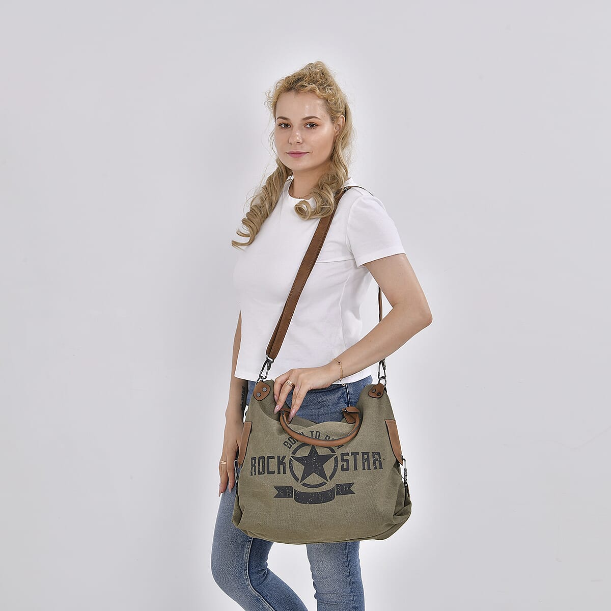 Navy Collection Army Green Color Printed Tote Bag with Faux Leather Handle Drop image number 1