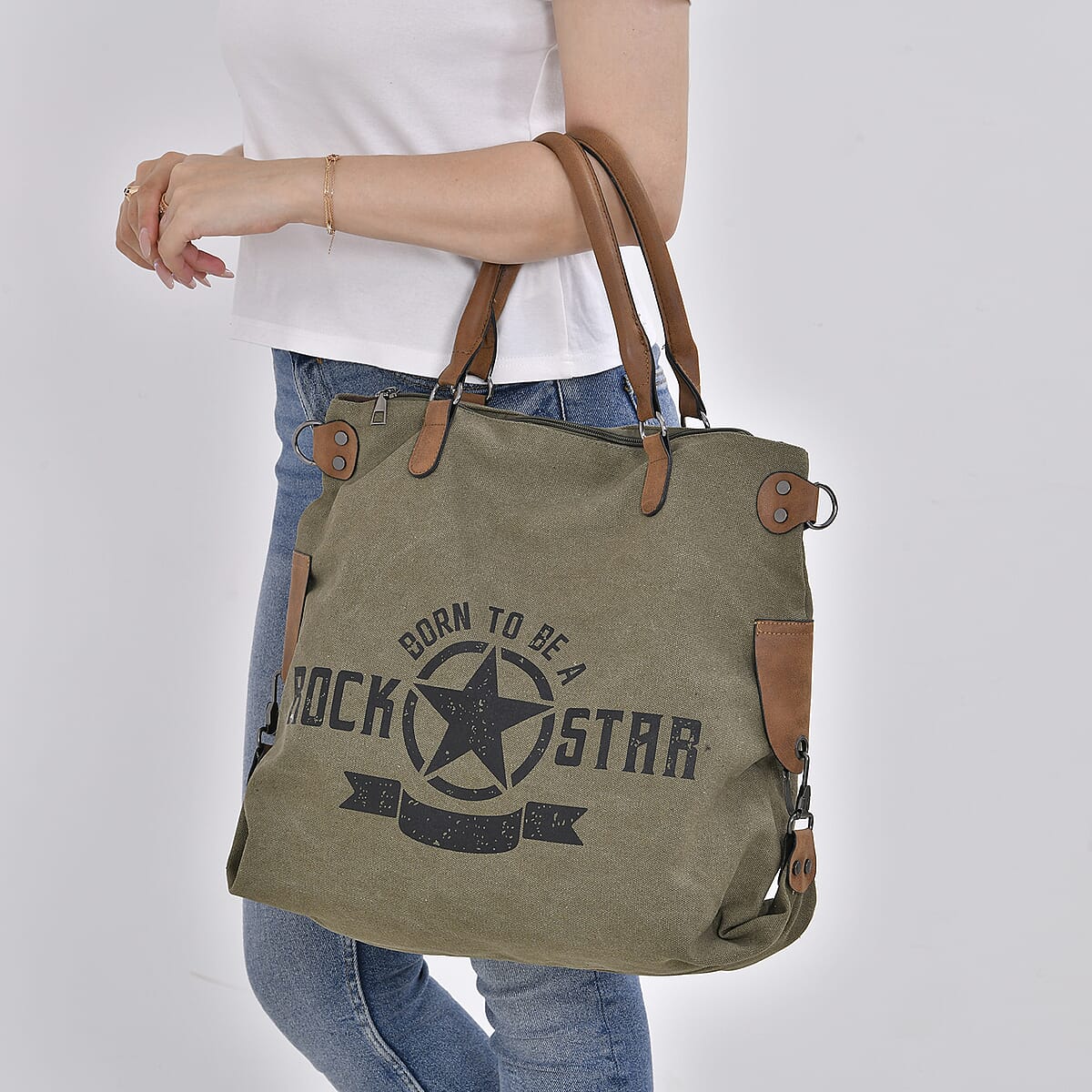 Navy Collection Army Green Color Printed Tote Bag with Faux Leather Handle Drop image number 2