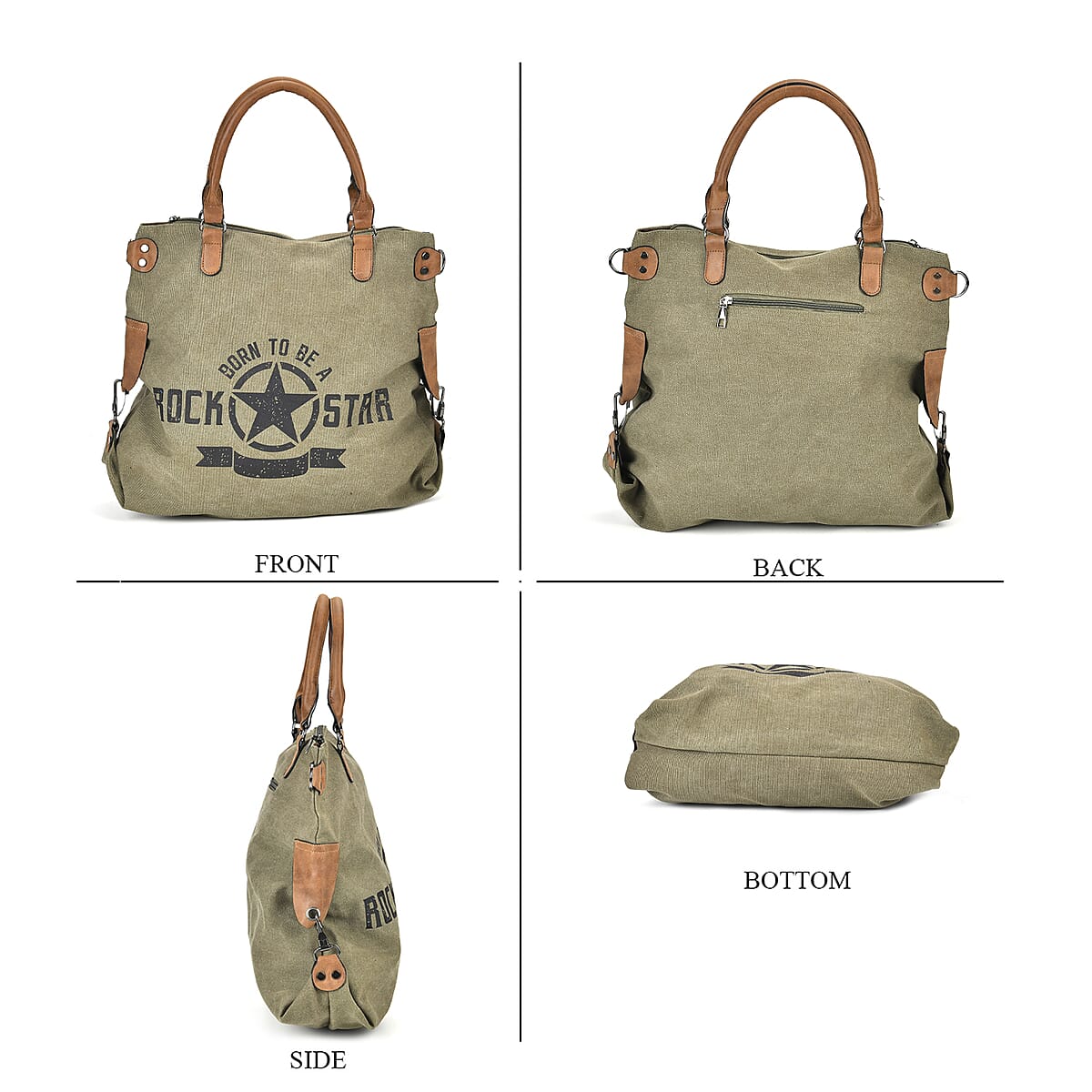 Navy Collection Army Green Color Printed Tote Bag with Faux Leather Handle Drop image number 3
