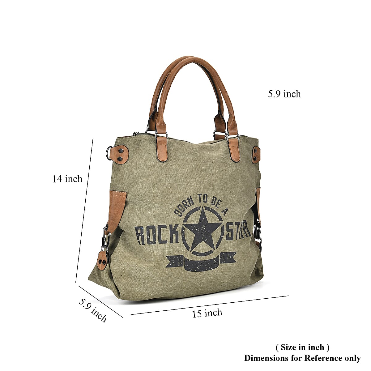 Navy Collection Army Green Color Printed Tote Bag with Faux Leather Handle Drop image number 6