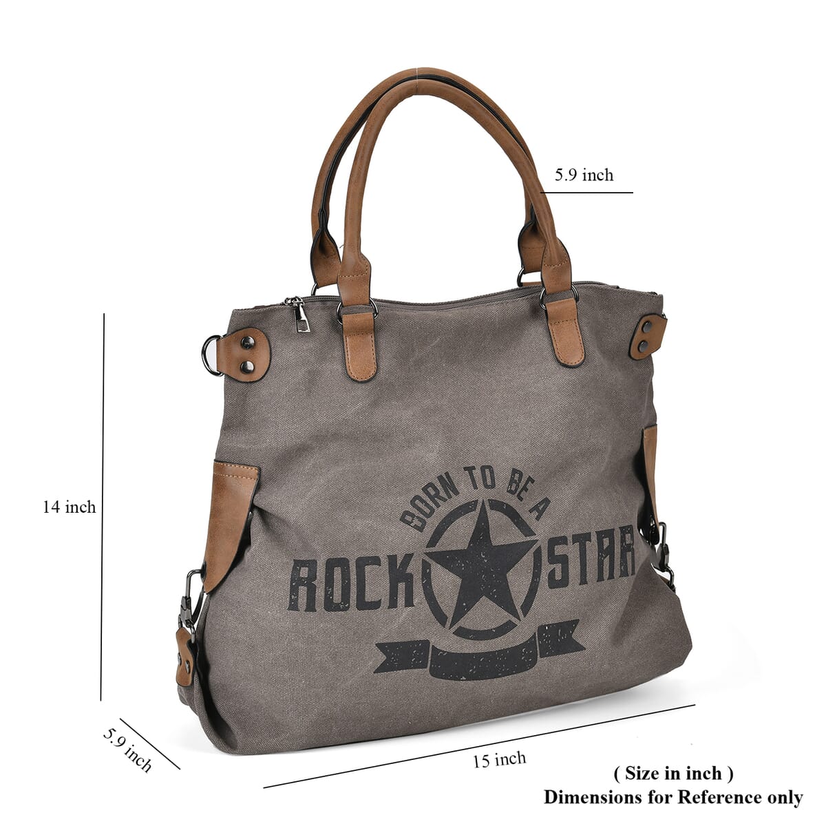 Navy Collection Gray Color Printed Tote Bag with Faux Leather Handle Drop image number 6