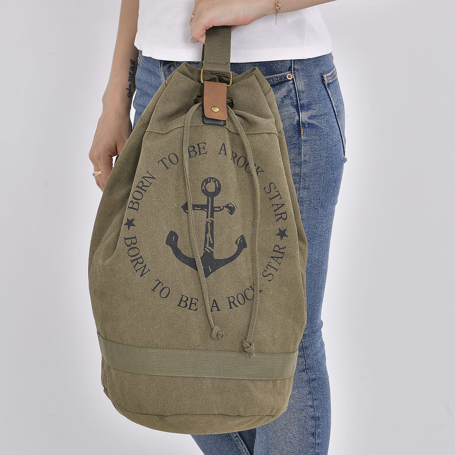 Navy Collection Army Green Color Anchor Pattern Backpack Bag with Adjustable Double Shoulder Straps