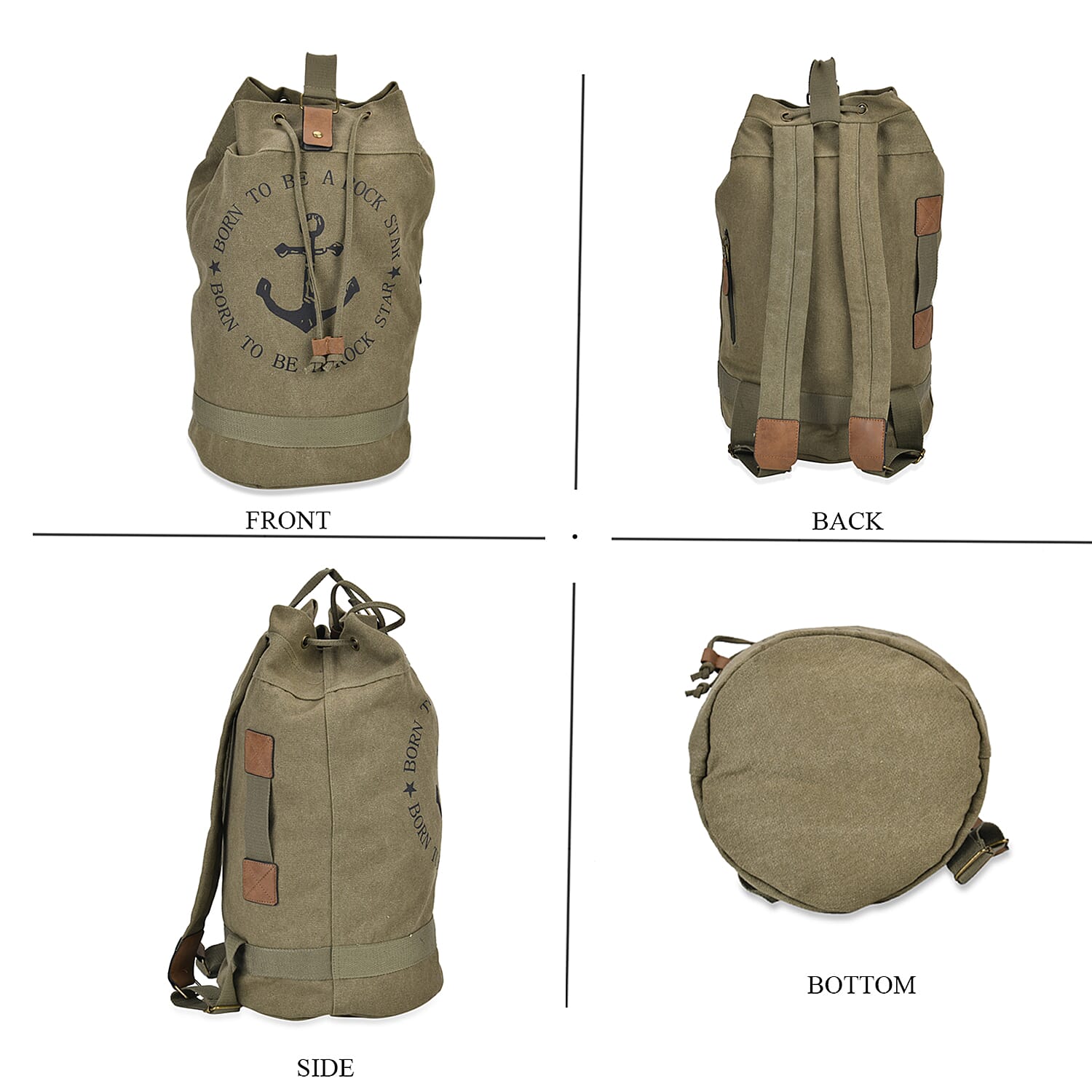 Navy Collection Army Green Color Anchor Pattern Backpack Bag with Adjustable Double Shoulder Straps
