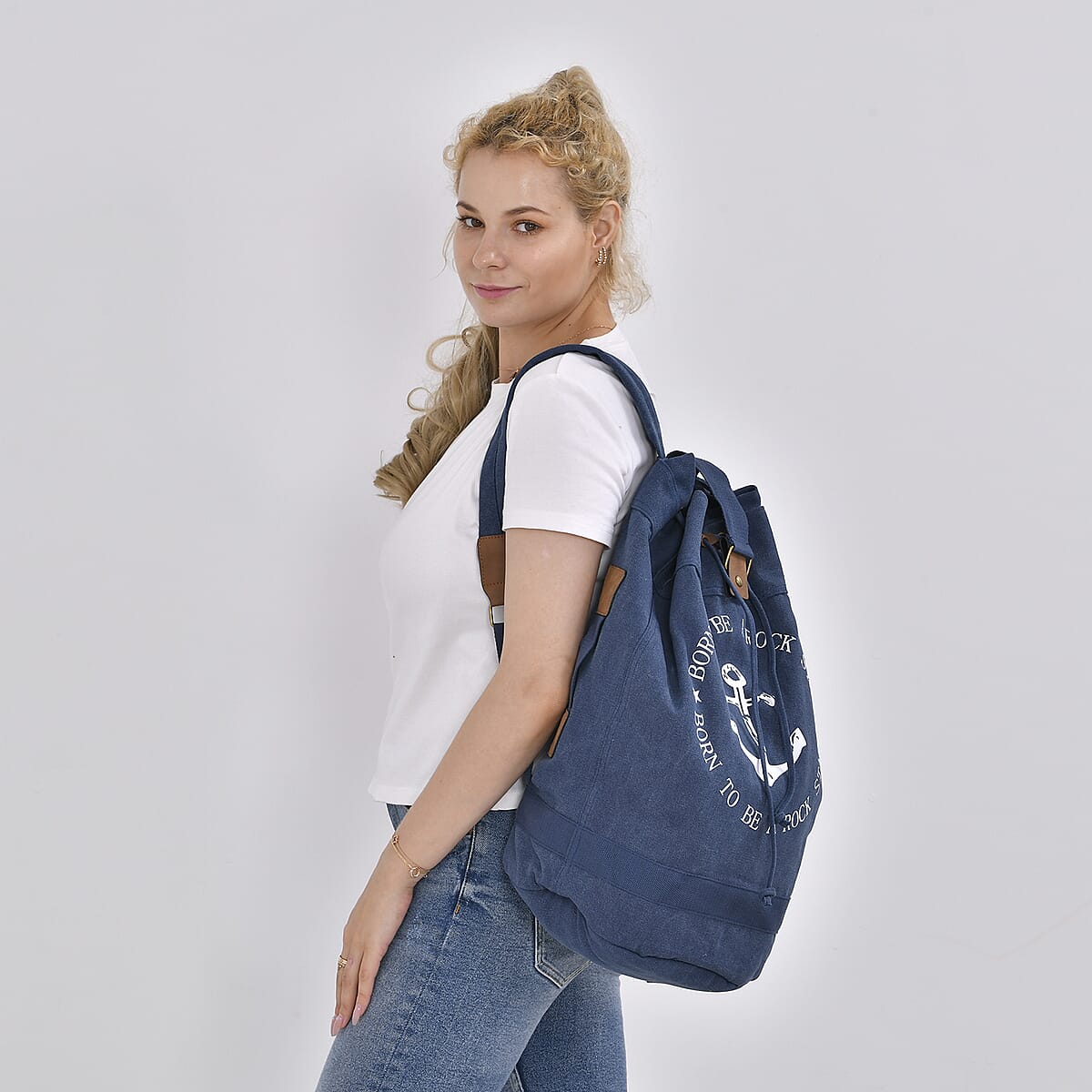 Navy Collection Blue Color Anchor Pattern Backpack Bag with Adjustable Double Shoulder Straps image number 1