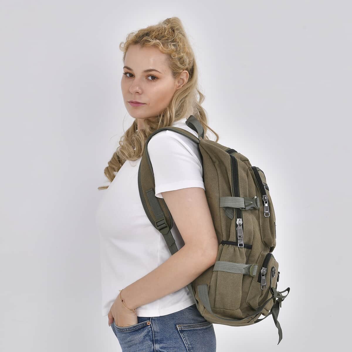 Navy Collection Army Green Multiple Pockets Backpack Bag (11.8"x4.7"x16.9") with Two Padded Shoulder Straps image number 1