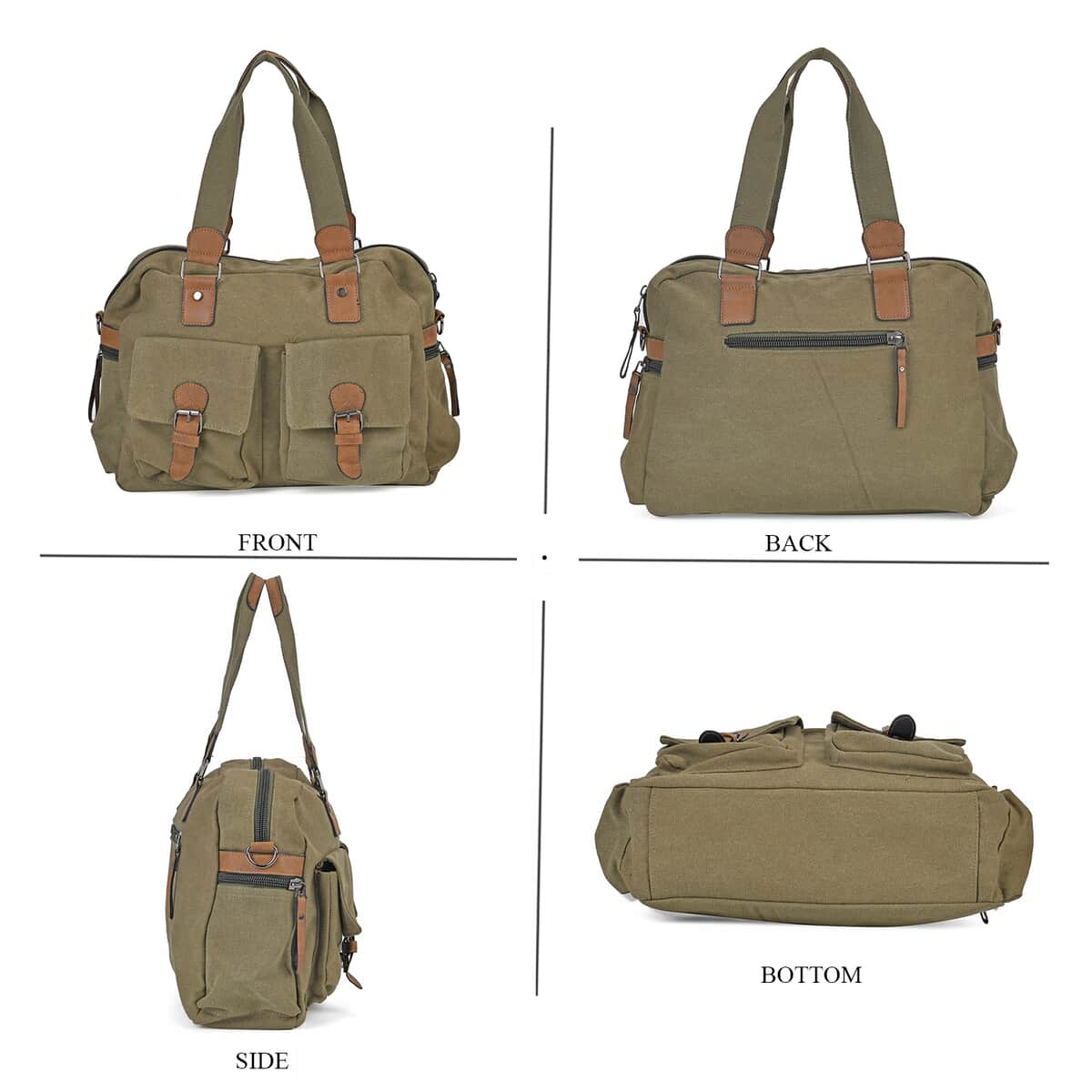 Navy Collection Army Green Color Multiple Pockets Tote Bag (15.8"x7.1"x4.5") with Handle Drop (7.5") and Detachable Shoulder Strap (50.4") image number 3