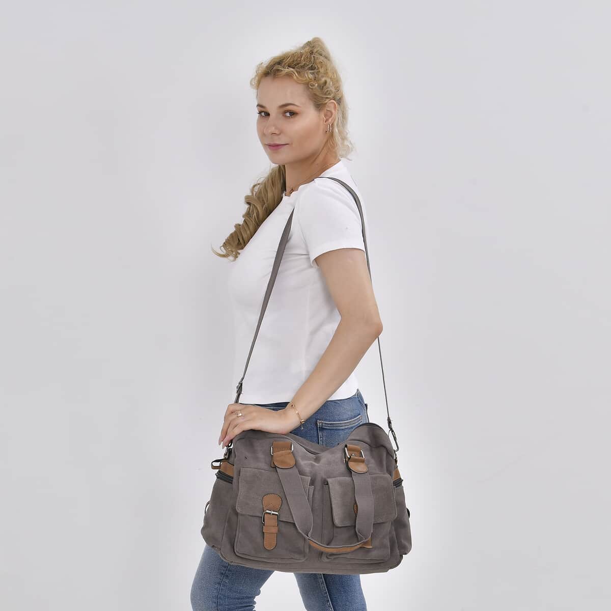 Navy Collection Gray Color Multiple Pockets Tote Bag with Handle Drop and Detachable Shoulder Strap image number 1