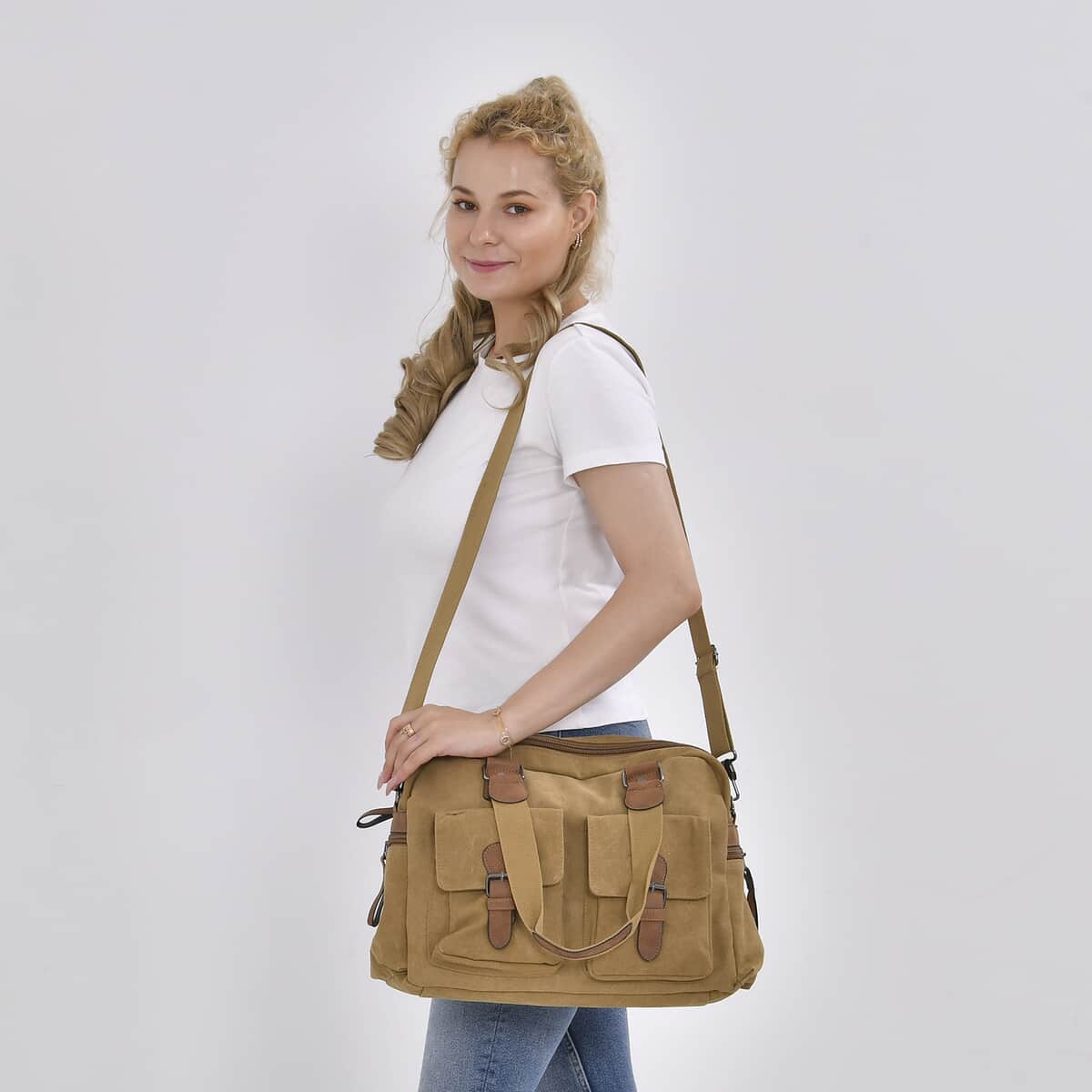 Navy Collection Khaki Color Multiple Pockets Tote Bag with Handle Drop and Detachable Shoulder Strap image number 1