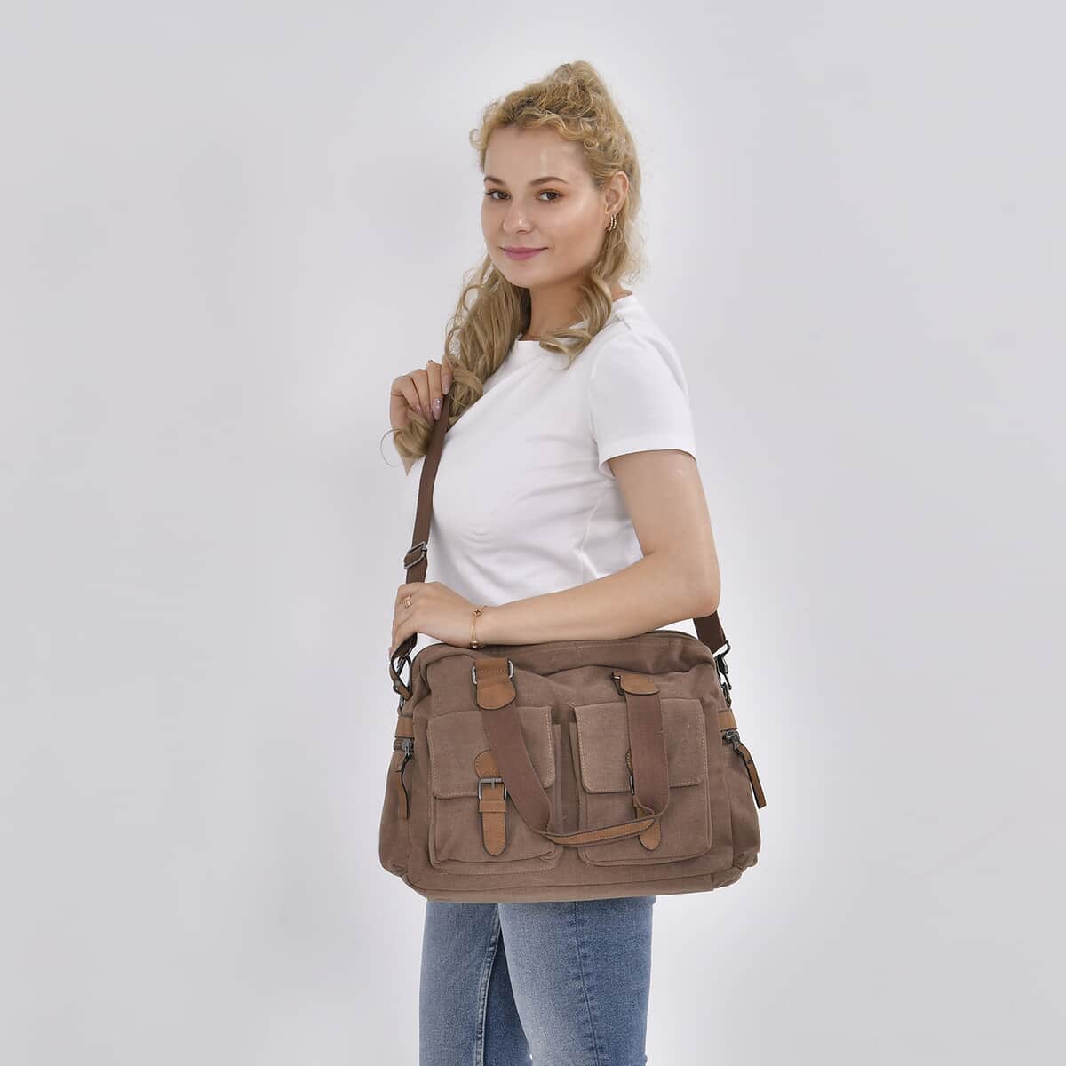 Navy Collection Brown Color Multiple Pockets Tote Bag with Handle Drop and Detachable Shoulder Strap image number 1