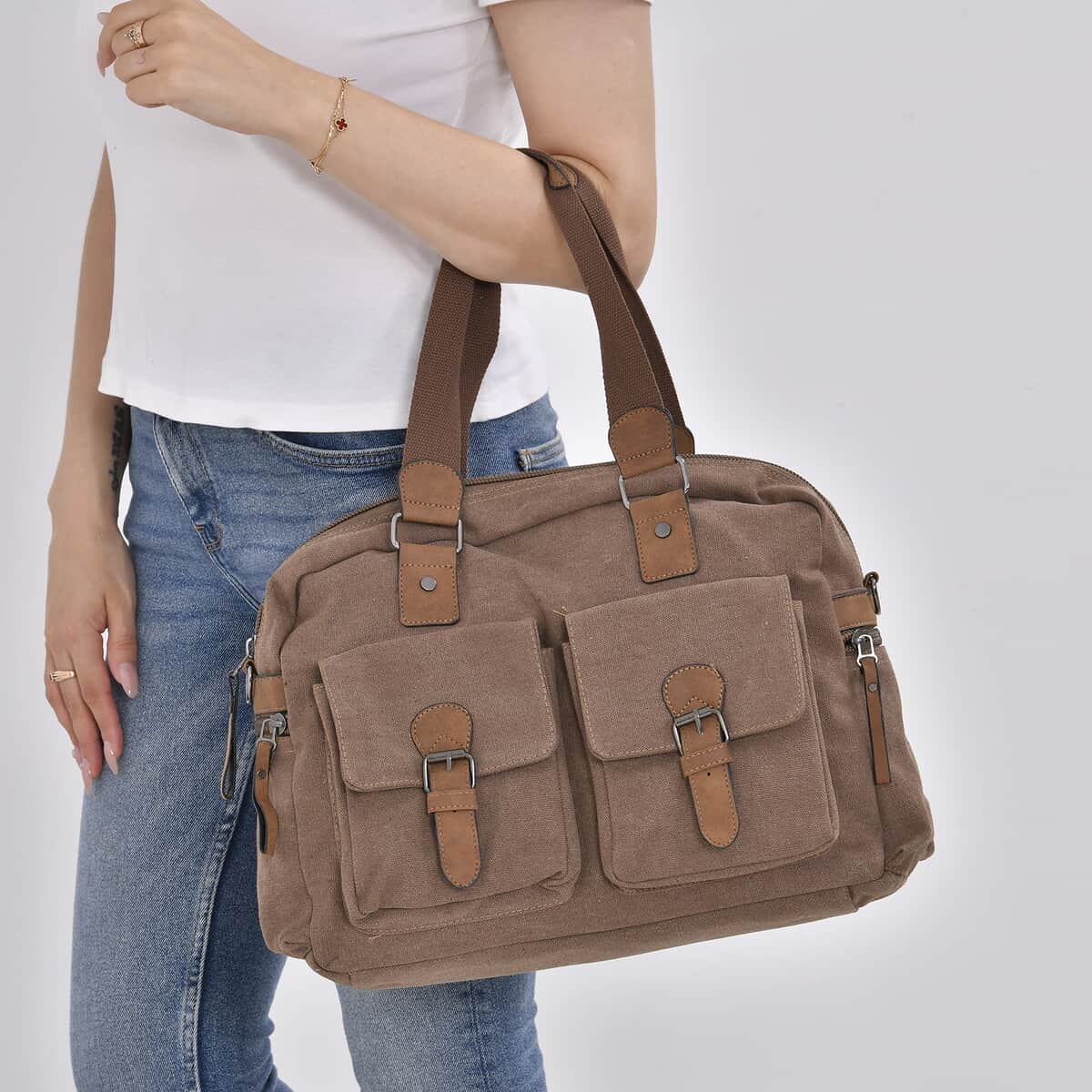 Navy Collection Brown Color Multiple Pockets Tote Bag with Handle Drop and Detachable Shoulder Strap image number 2