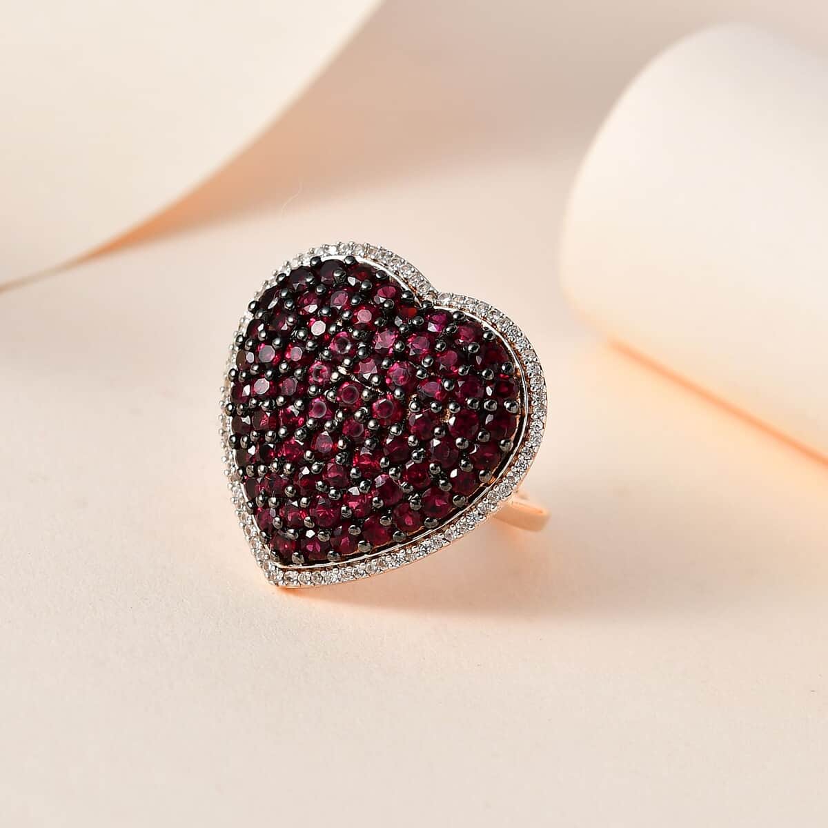 Anthill Garnet and White Zircon Heart Ring in Vermeil Rose Gold Over Sterling Silver (Size 5.0) 3.60 ctw image number 1
