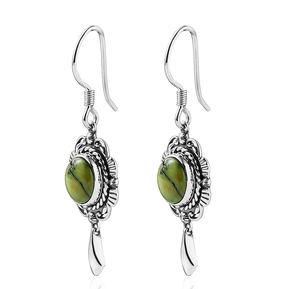 Artisan Crafted Sonoran Gold Turquoise Dangle Earrings in Black Oxidized Sterling Silver 2.50 ctw