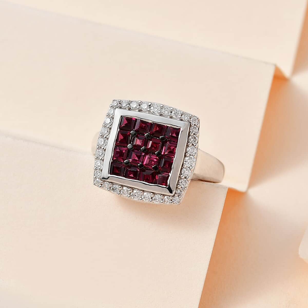 Anthill Garnet and Moissanite Ring in Rhodium and Platinum Over Sterling Silver (Size 10.0) 1.60 ctw image number 1