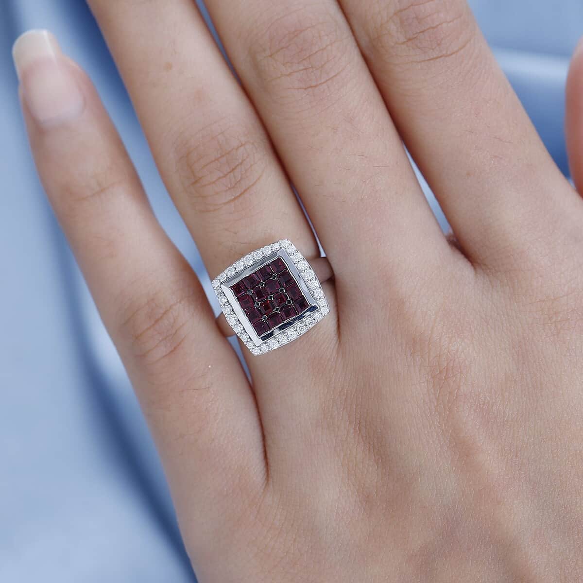 Anthill Garnet and Moissanite Ring in Rhodium and Platinum Over Sterling Silver (Size 10.0) 1.60 ctw image number 2