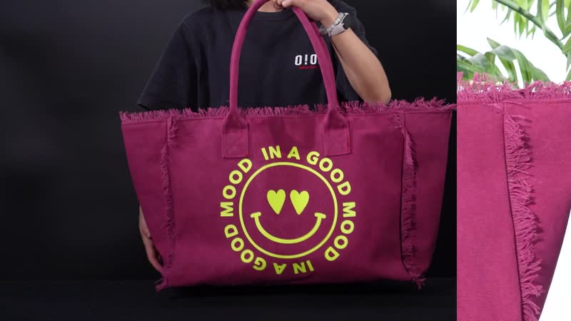 Navy Collection Wine Red Color Smiling Face with Heart-Eyes Printed Tote Bag (17.7"x7.9"x13.4")