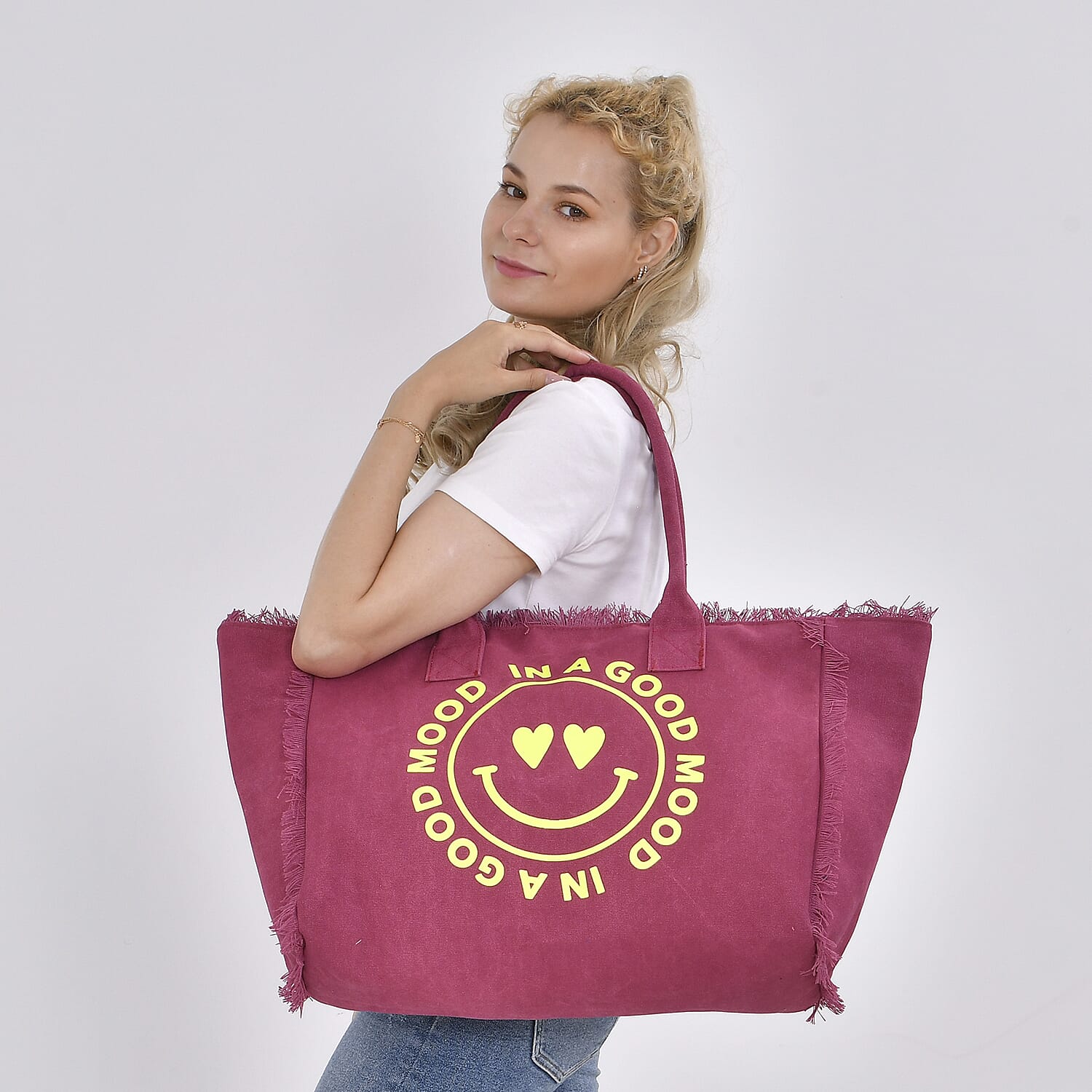 Navy Collection Wine Red Color Smiling Face with Heart-Eyes Printed Tote Bag