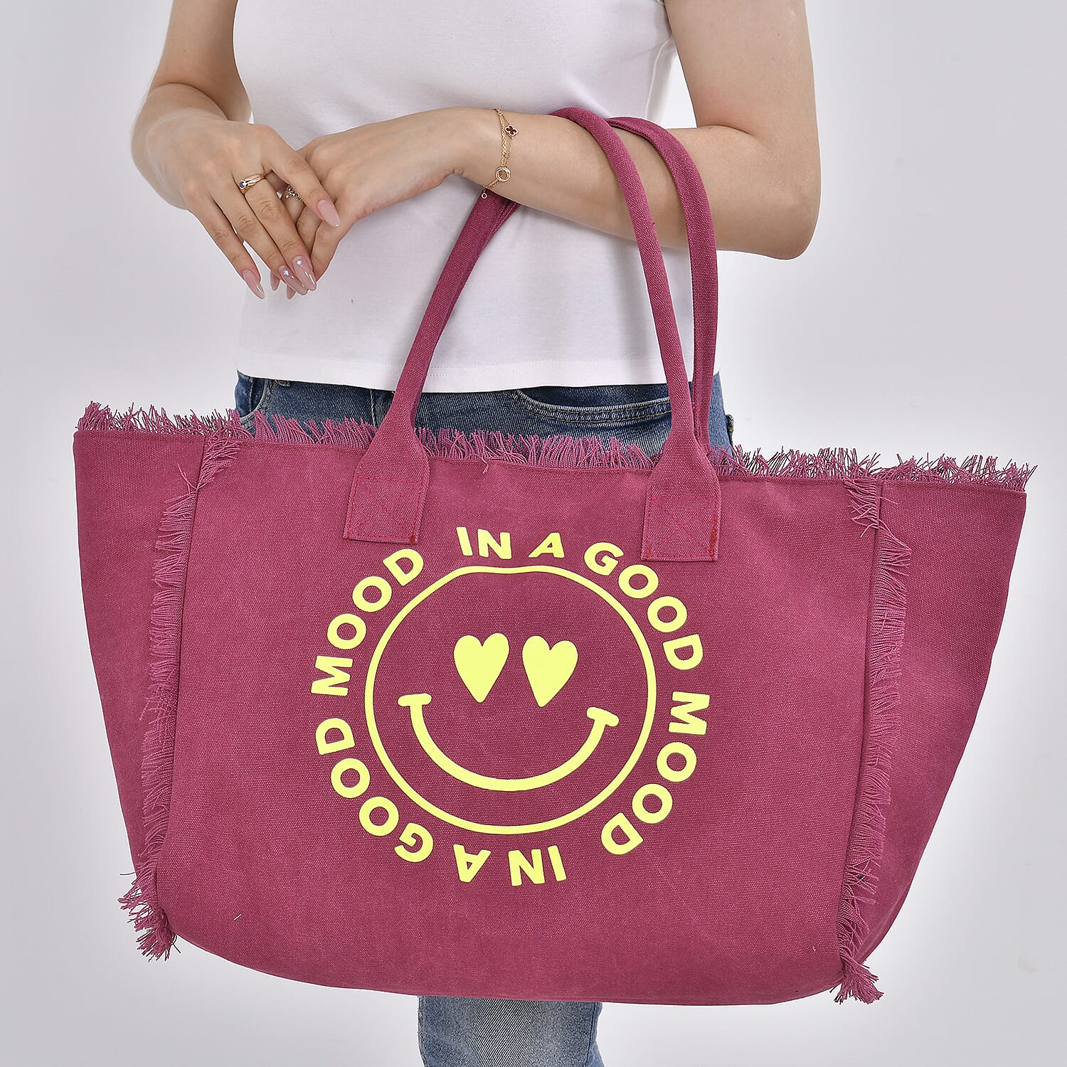Navy Collection Wine Red Color Smiling Face with Heart-Eyes Printed Tote Bag