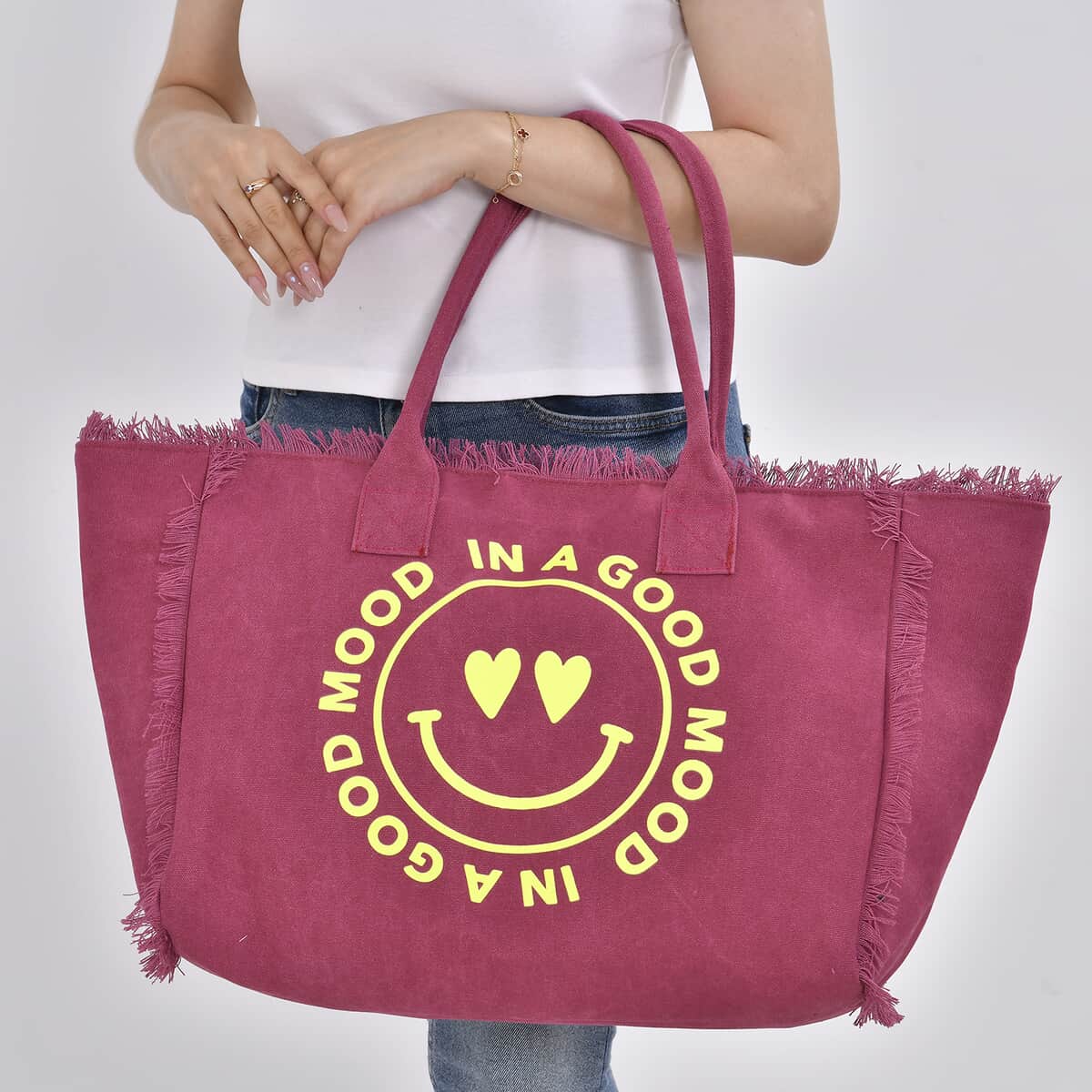 Navy Collection Wine Red Color Smiling Face with Heart-Eyes Printed Tote Bag (17.7"x7.9"x13.4") image number 2