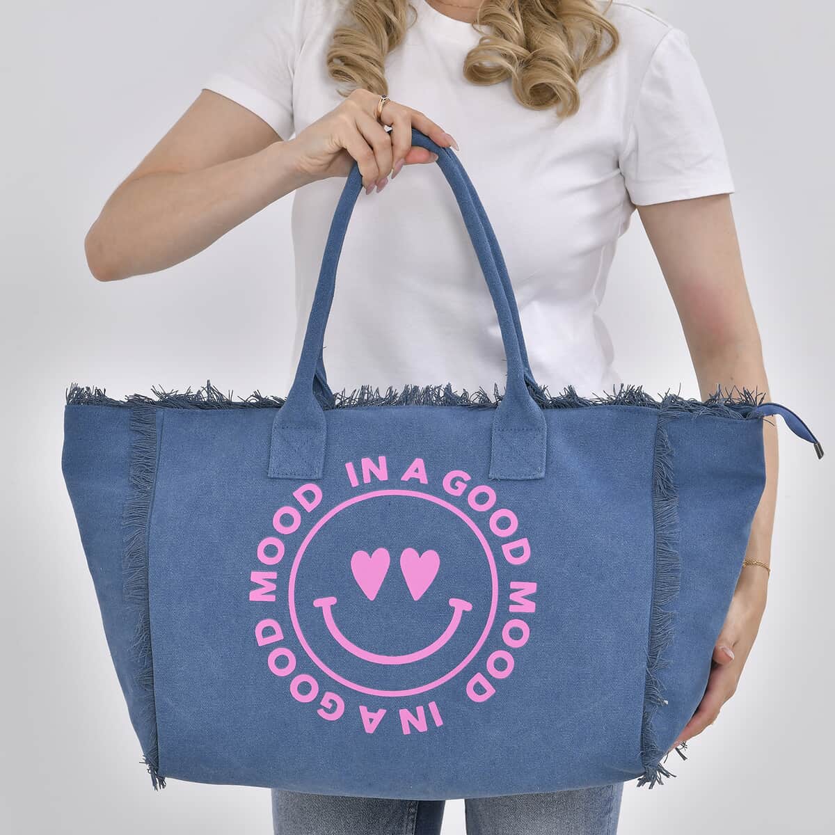 Navy Collection Blue Color Two Hearts Printed Tote Bag image number 2