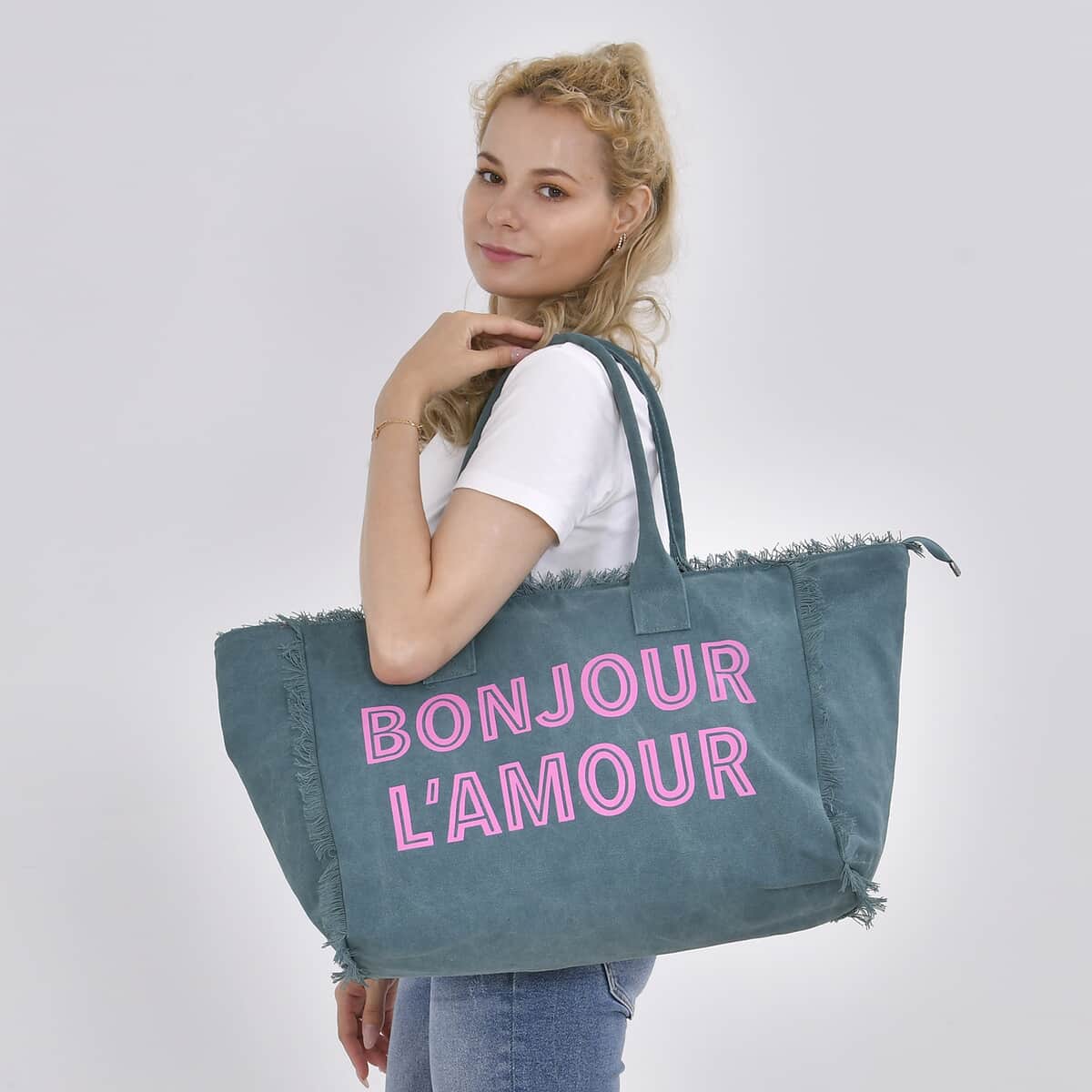 Navy Collection Green Color BONJOUR L'AMOUR Printed Tote Bag image number 1