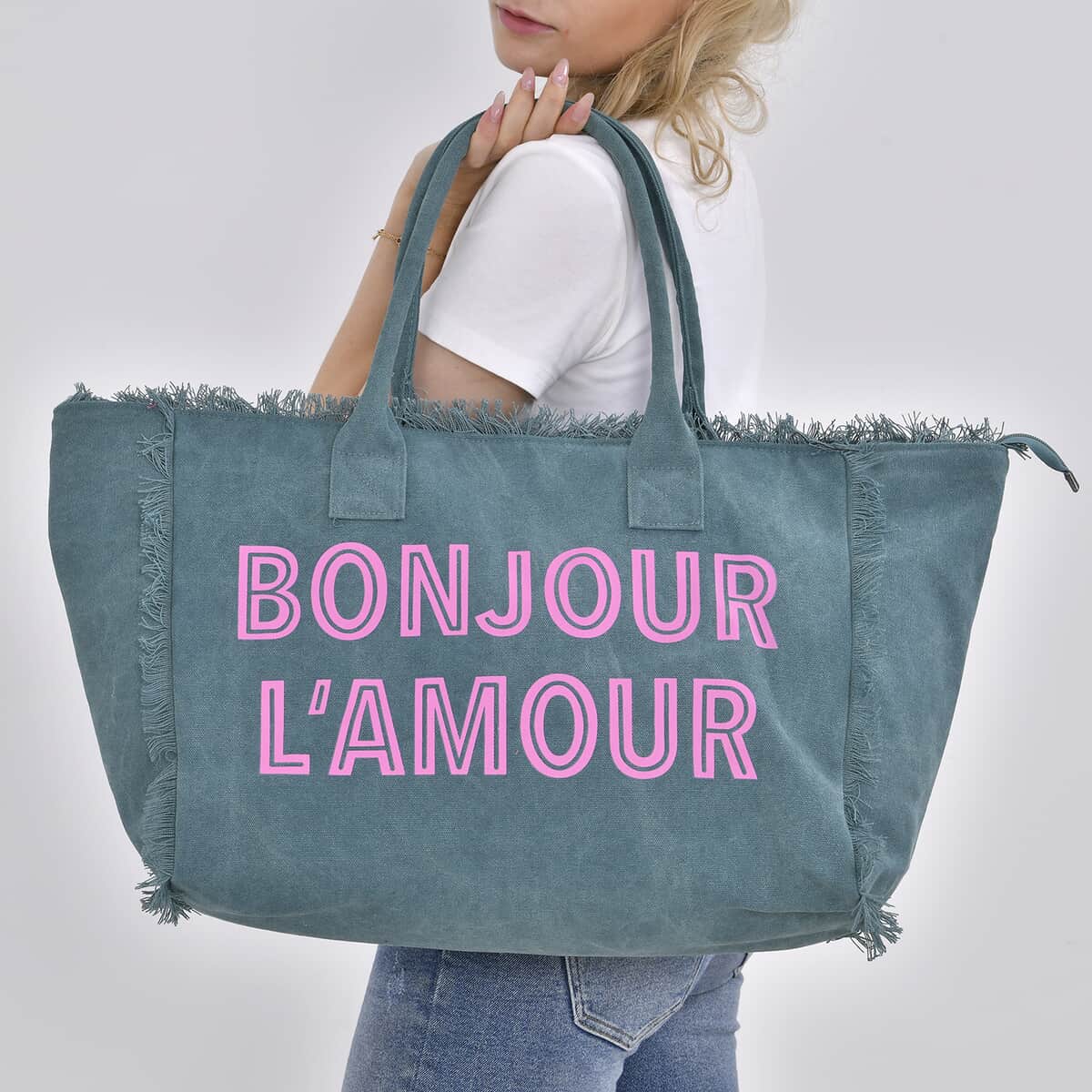 Navy Collection Green Color BONJOUR L'AMOUR Printed Tote Bag image number 2