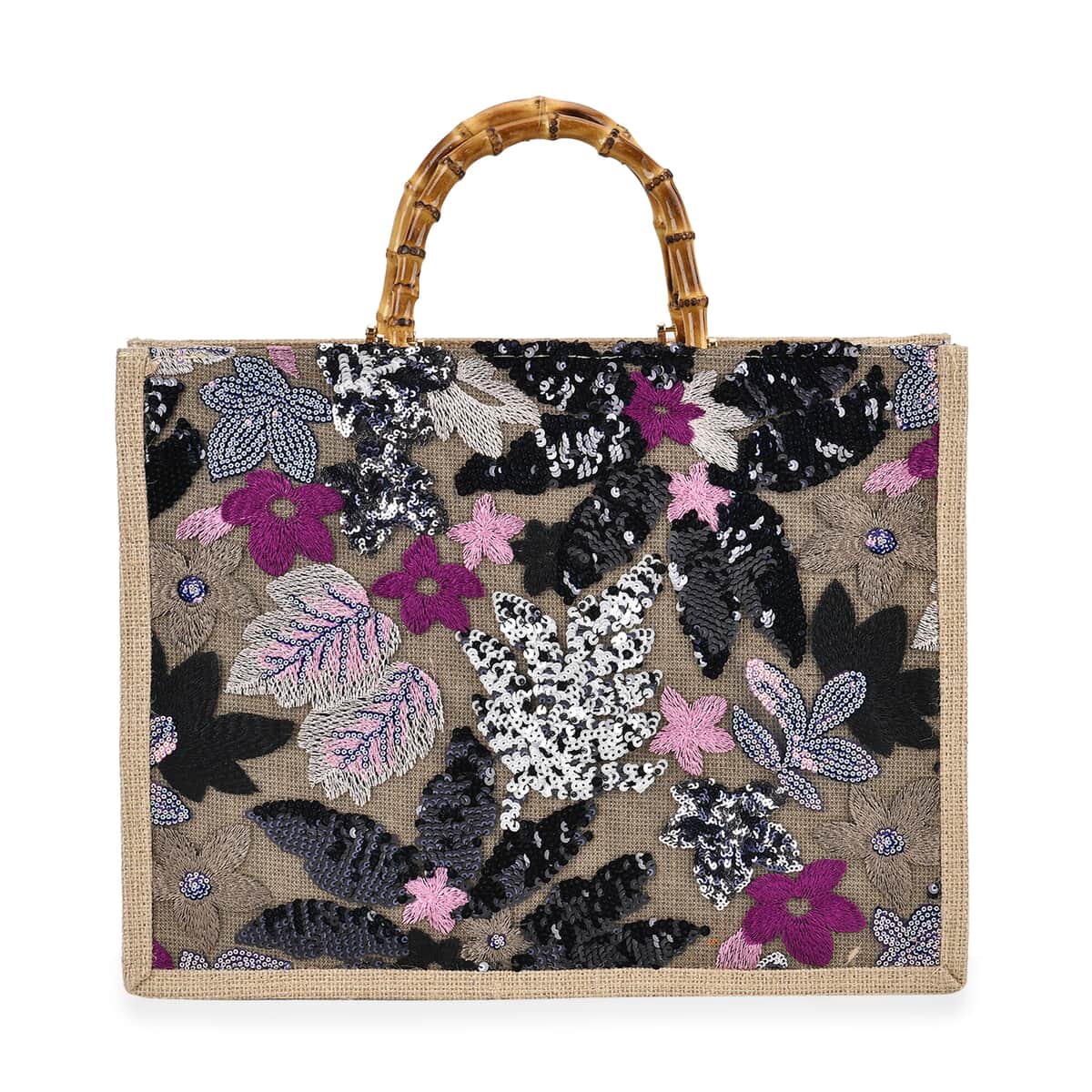 Black with Flower Sequin Tote Bag with Bamboo Handle Drop image number 0