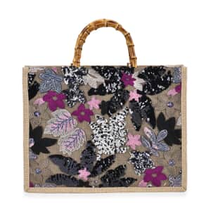 Black with Flower Sequin Tote Bag with Bamboo Handle Drop