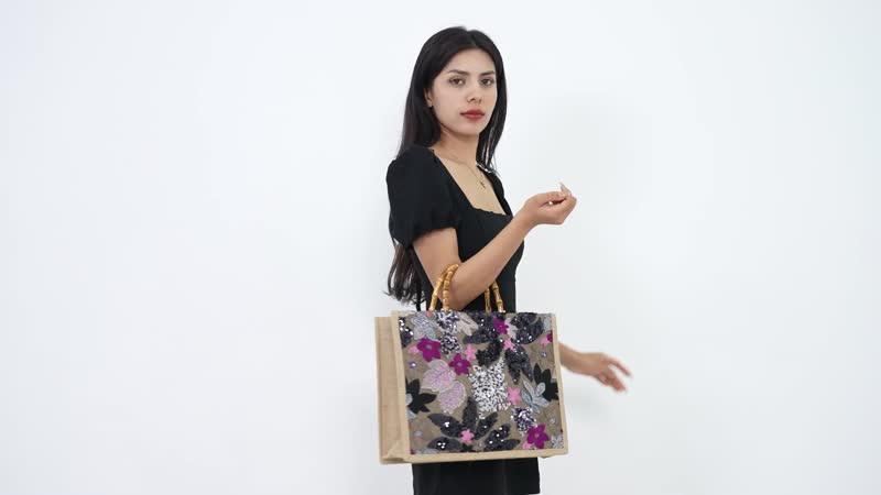 Black with Flower Sequin Tote Bag with Bamboo Handle Drop (15"x4.3"x11.4")
