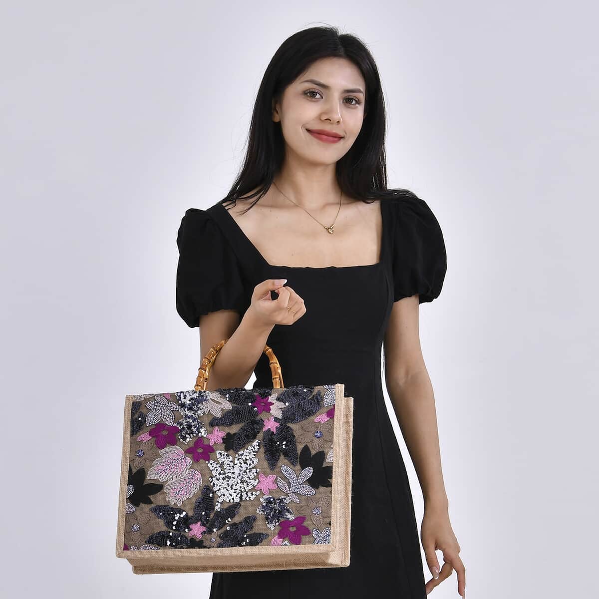 Black with Flower Sequin Tote Bag with Bamboo Handle Drop (15"x4.3"x11.4") image number 1