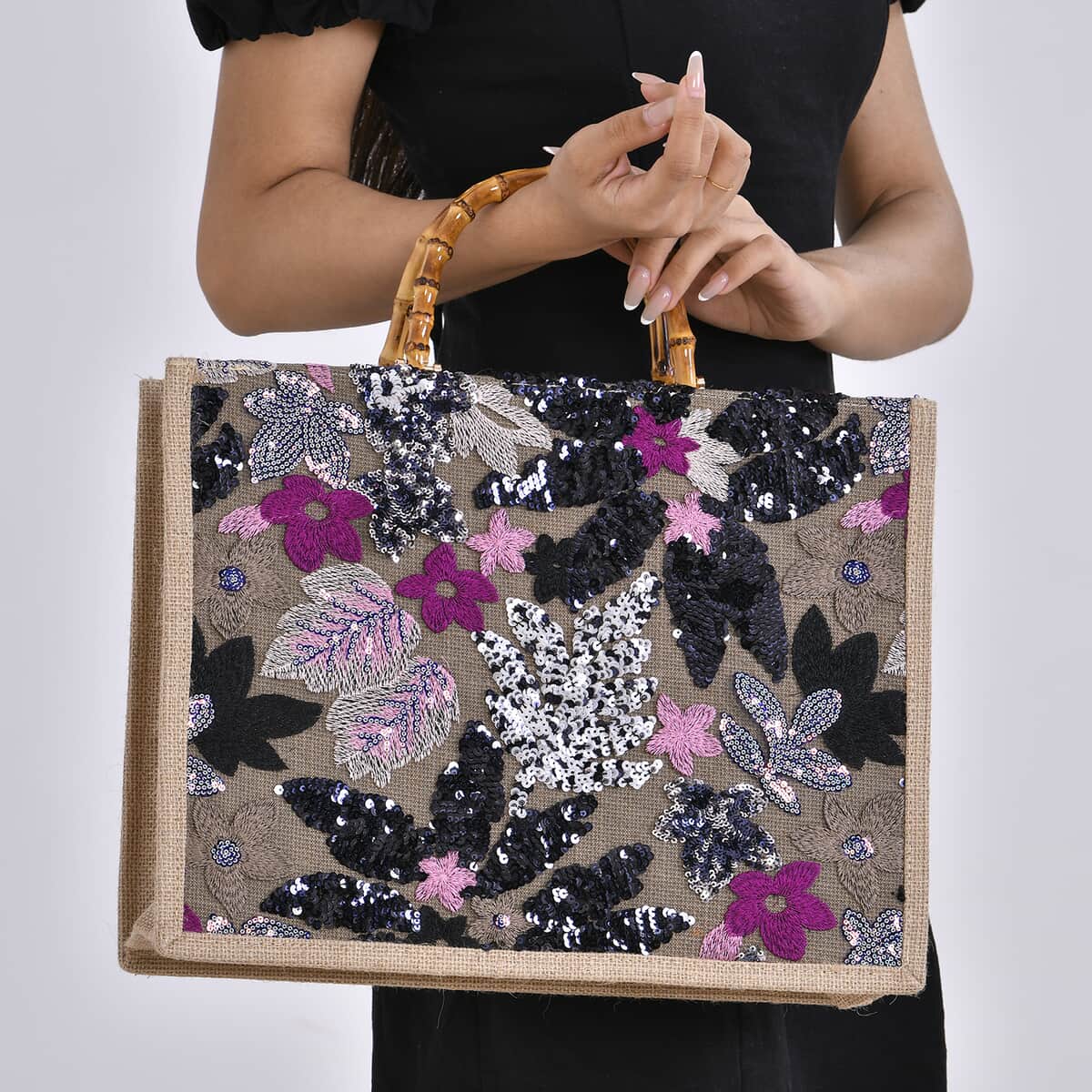 Black with Flower Sequin Tote Bag with Bamboo Handle Drop image number 2