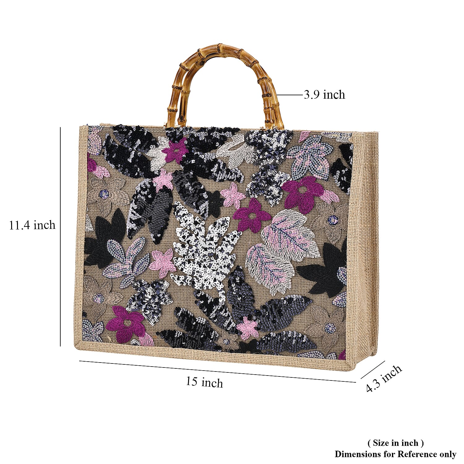 Black with Flower Sequin Tote Bag with Bamboo Handle Drop
