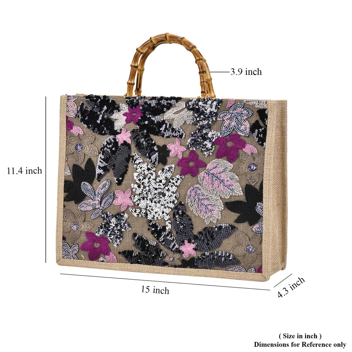 Black with Flower Sequin Tote Bag with Bamboo Handle Drop (15"x4.3"x11.4") image number 6