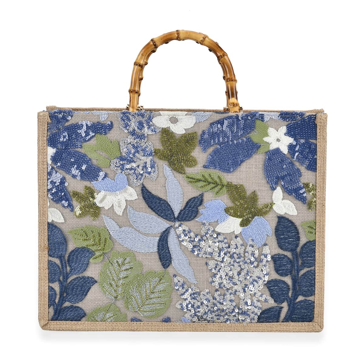 Blue with Flower Sequin Tote Bag with Bamboo Handle Drop image number 0