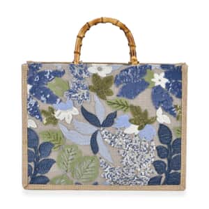 Blue with Flower Sequin Tote Bag with Bamboo Handle Drop