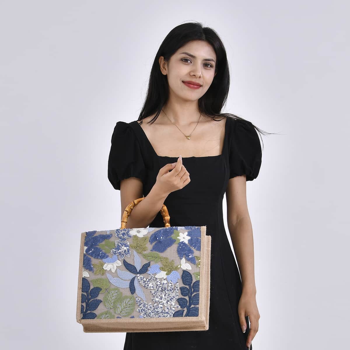 Blue with Flower Sequin Tote Bag with Bamboo Handle Drop image number 1