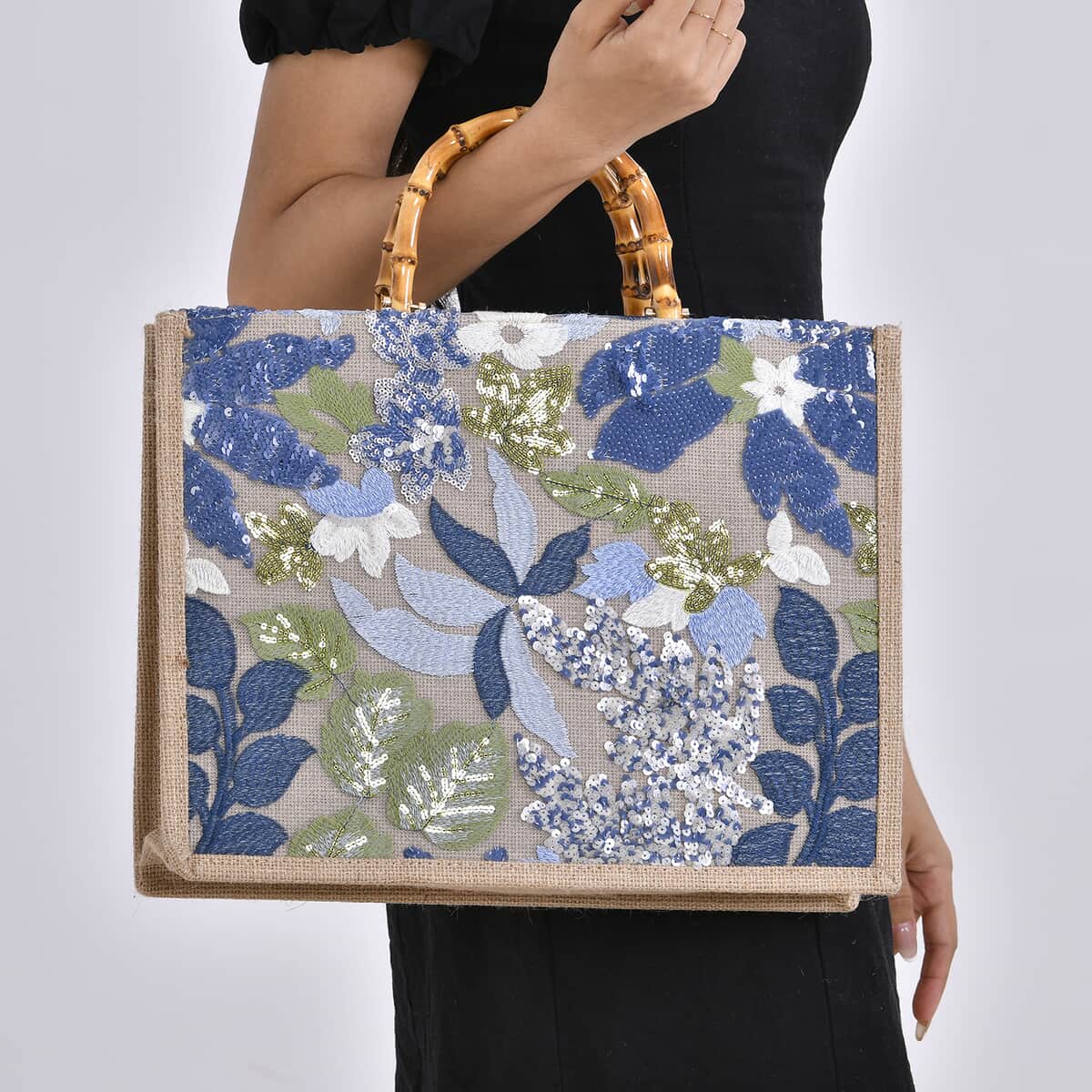 Blue with Flower Sequin Tote Bag with Bamboo Handle Drop image number 2